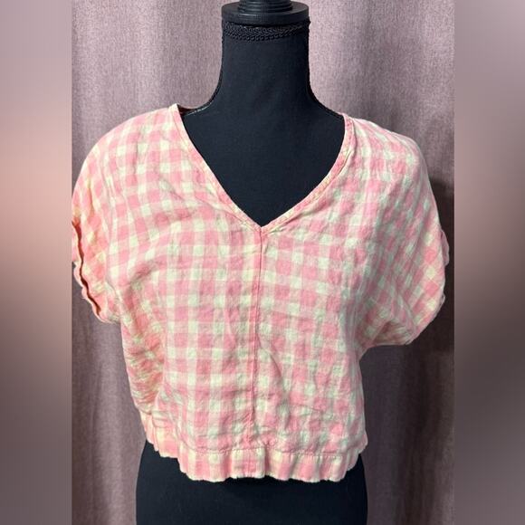 Lou & Grey Pink Cream Plaid 100% Linen Blouse Crop Top Size S - Picture 2 of 5